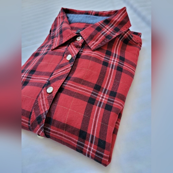 Talbots Women's Plaid Red Metallic Shirt Cotton Button Up, Medium. - Picture 11 of 13